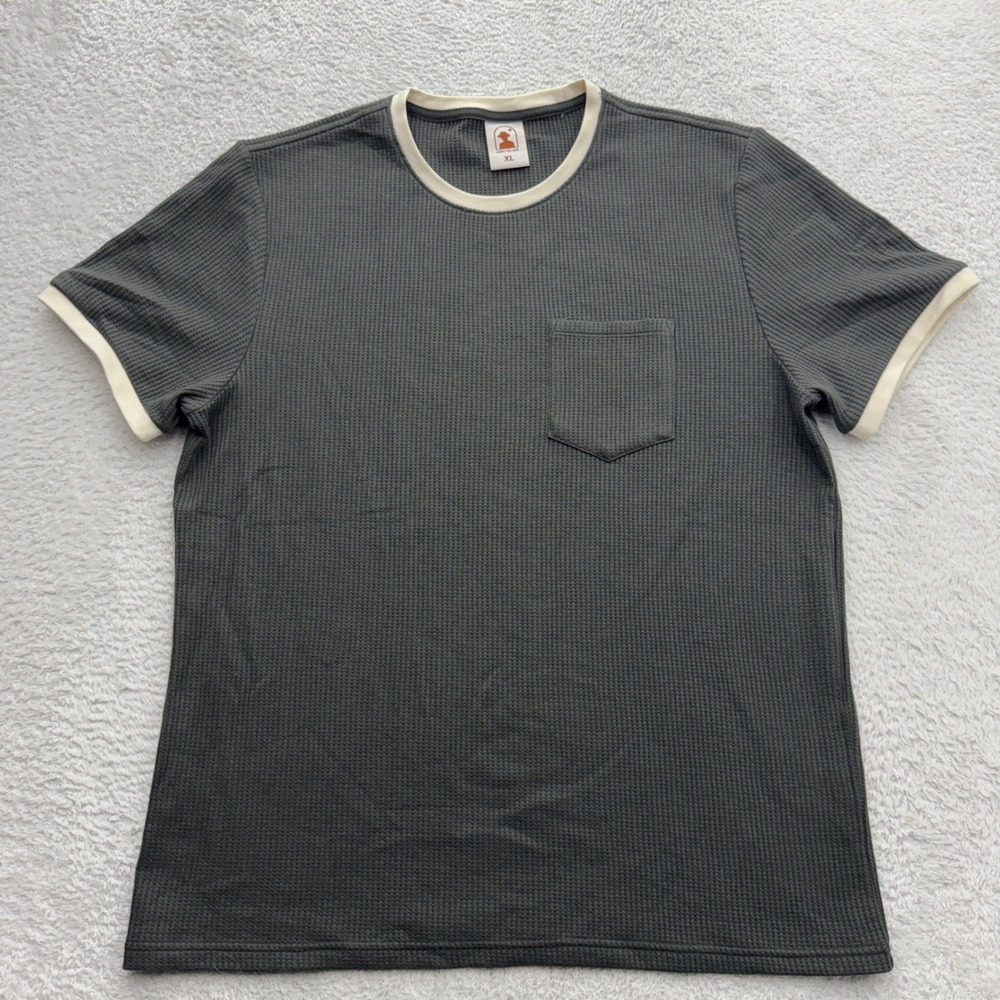 Dandy Del Mar Mens XL Waffle Knit Ringer T-Shirt Charcoal Grey Cream Pocket Tee